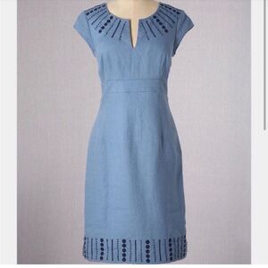 Boden Linen Embroidered Dress Sorrento Blue Size 6
